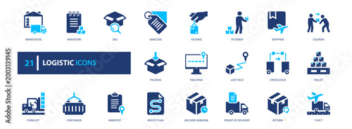 Logistics icon set. delivery, transport, shipping, warehouse, supply. solid style icon collection.