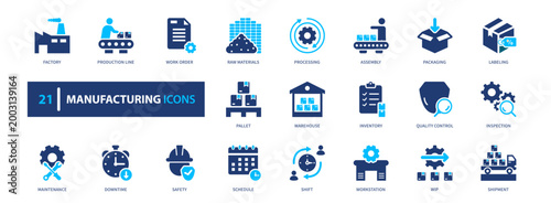 Manufacturing icon set. industry, production, factory, system, engineering. solid style icon collection.