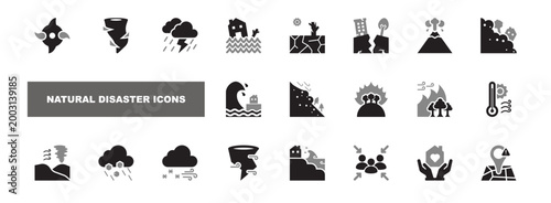 Natural disaster icon set. earthquake, flood, storm, hazard, emergency. solid style icon collection.