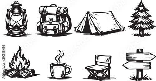 camping icons set lantern backpack tent campfire chair outdoor adventure vector illustration