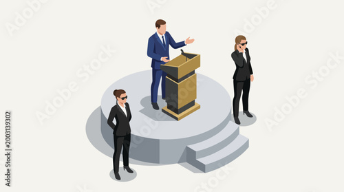 A confident political speaker delivers a speech at a podium, flanked by two professional security personnel, symbolizing safety and authority in public speaking events.