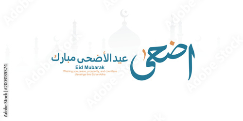 Eid Al-Adha Mubarak Arabic and English Calligraphy. Elegant Typography Greeting Card. Translation: 'We Wish You a Blessed Eid'