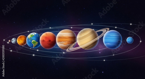 Planets in our solar system orbiting around the sun in space with stars