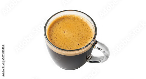 Glass cup of fresh espresso coffee with crema isolated on transparent background