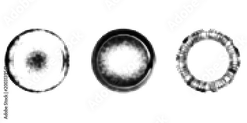Halftone circle dotted frame circularly distributed set. Abstract dots logo emblem design element. Round border Icon using random halftone circle dot texture. Half tone circular background pattern.