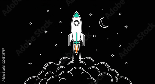 Rocket ship blasts off into starry night sky with crescent moon and clouds