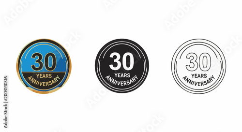 Three circular emblems mark a thirtieth anniversary, with varied artistic styles presented