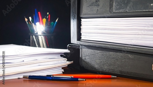 Stack of white paper documents next to a black binder and a cup of colorful pens on a wooden desk 
