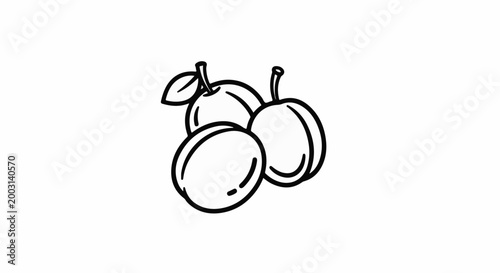 Three outline illustrations of plums with a stem and leaf