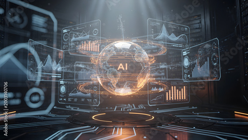 Futuristic AI core interface with glowing central sphere