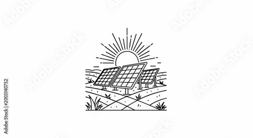 Three solar panels stand in a field under a bright sun, drawing power