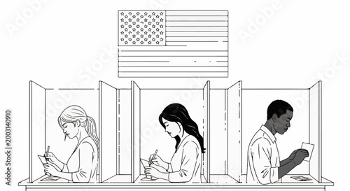 Three voters cast ballots in privacy booths beneath the American flag