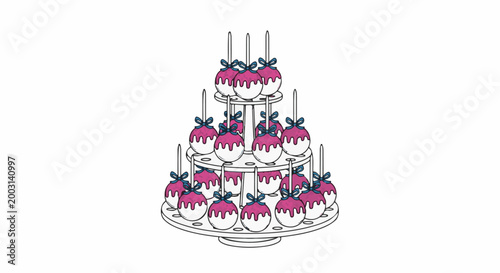 Tiered stand displays numerous round treats with white coating and pink drizzle