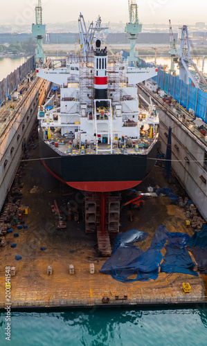 Картината върху платно A full service shipyard and modern shipbuilding facility Dry dock with Cargo Shi