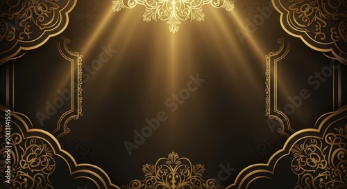 Elegant golden ornate frame with dramatic light rays, evoking luxury and celebration.