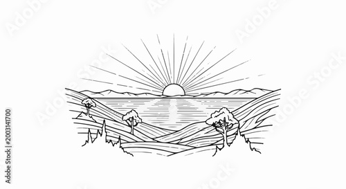 Stylized sunburst over water, rolling hills, and sparse trees