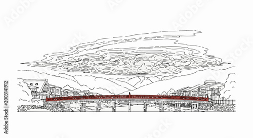 Stylized sketch of a village with a prominent red bridge and dramatic clouds