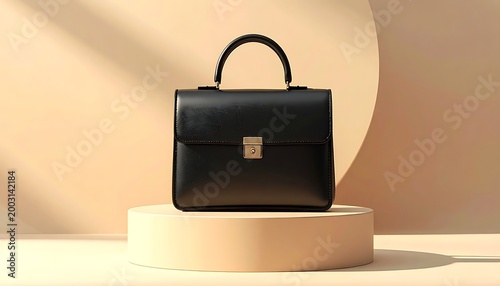 Sleek, black handbag on a round platform in warm lighting, casting shadows against a neutral backdrop