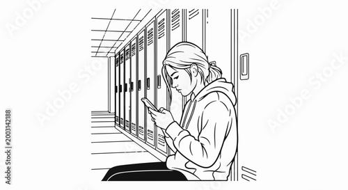 Teenager sitting by lockers, engrossed in mobile phone
