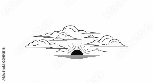 Stylized sunrise emerging from water, surrounded by clouds