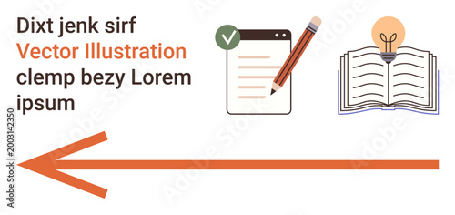 Education, writing, knowledge sharing, learning processes, content creation, idea generation. Open book, notebook pencil and arrow icon displayed. Education and writing process concept