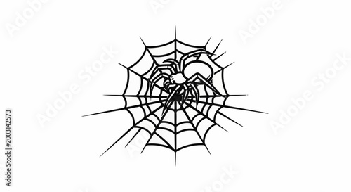 Stylized spider on a web, black lines on white background