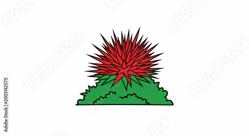 Stylized spiky red bloom atop green foliage