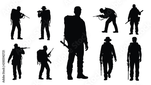 Soldier silhouettes with rifles and backpacks against a white background various poses high quality professional detailed modern elegant stylish clean crisp