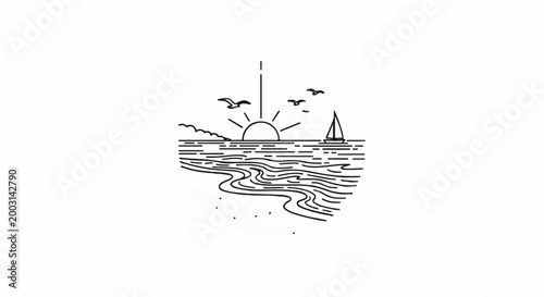 Stylized line art of a sunrise over a tranquil ocean with a sailboat and birds