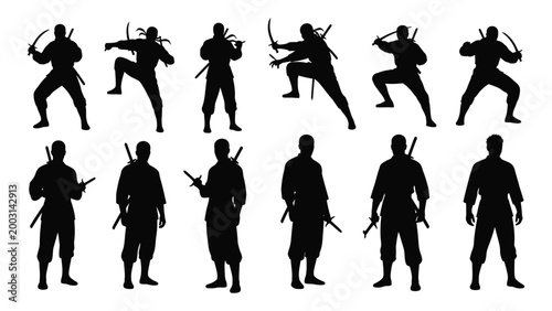 Warrior silhouettes with swords and weapons dynamic poses black and white collection high quality professional detailed modern elegant stylish clean crisp