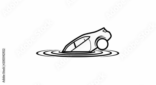 Stylized outline of a car partially submerged in water with ripples