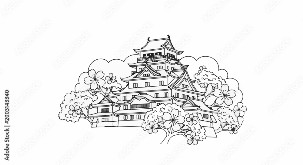 Obraz premium Traditional tiered castle structure with blooming cherry trees