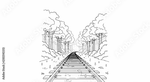 Train tracks vanishing into a rainy forest scene