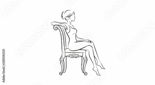 Stylized outline of a woman elegantly posed on a ornate chair, looking right