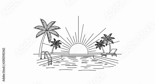 Tropical pool scene with palm trees, chaise lounge, and radiant sun