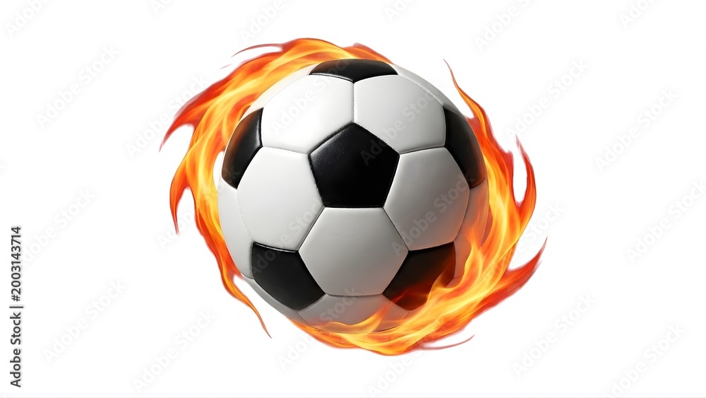 Fototapeta premium A soccer ball surrounded by flames on transparent background