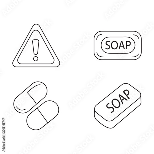 Minimalist hygiene and safety icon set, black thin line soap bars and medical pills, warning alert triangle symbol, 4 vector linear elements