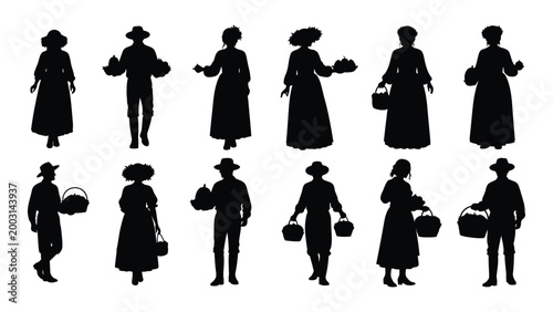 collection of black silhouette figures depicting women in vintage dresses and hats carrying baskets high quality professional detailed modern elegant stylish