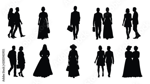 collection of black silhouettes depicting couples walking together isolated on white background high quality professional detailed modern elegant stylish clean crisp