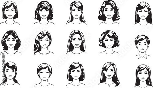 Black and white of 15 women with various hairstyles portrait line monochrome de