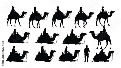silhouette collection of camels with riders in various poses against a white background high quality professional detailed modern elegant stylish clean