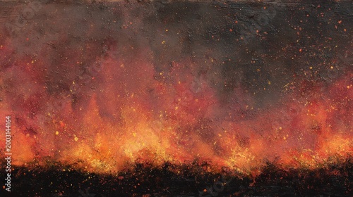 Fire and smoke with glowing embers and sparks in dark environment, intense burning and heat with orange and red flames and smoky atmosphere at night.