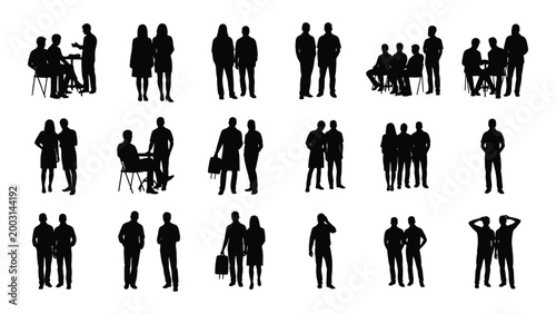 collection of business people silhouettes in various poses and group arrangements isolated on white high quality professional detailed modern elegant stylish