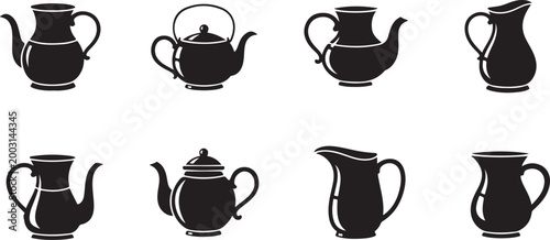 Black and white of eight different vases and jugs pottery ceramic