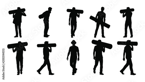 Silhouettes of men carrying logs on their shoulders against a white background high quality professional detailed modern elegant stylish clean crisp