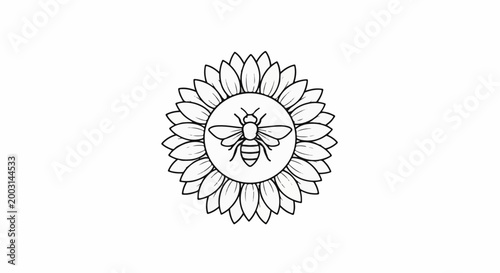 Stylized line drawing of a bee on a sunflower, black and white