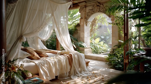 Luxurious bedroom with sheer canopy drapes and classical architecture surrounded by lush plants
