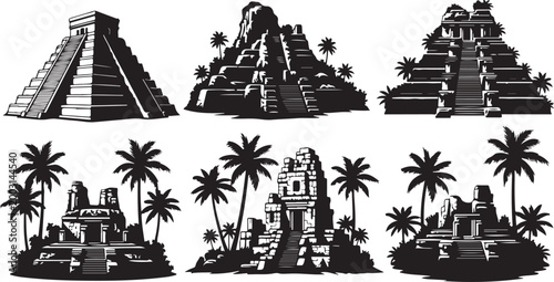 Black and white of pyramids and palm trees with stars night sky de