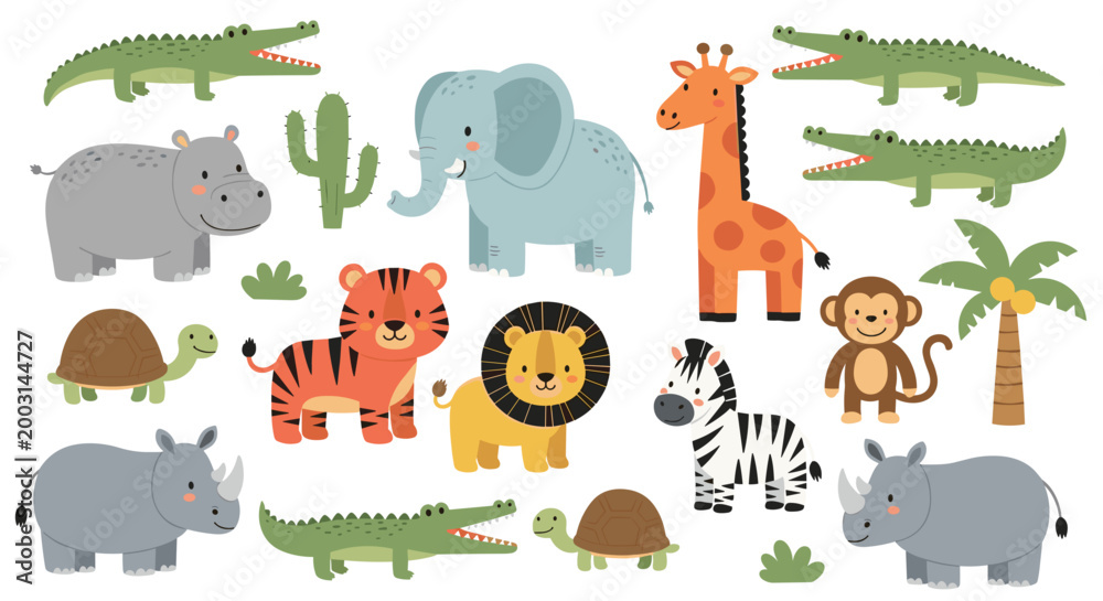Obraz premium Cute Jungle Animal Icon Set Featuring Giraffe, Elephant, Tiger, Lion, Crocodile, Zebra, Rhino, and Monkey with Tropical Plants