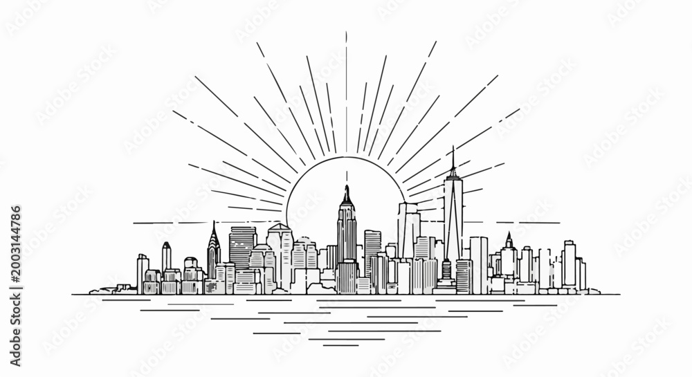 Naklejka premium Stylized line drawing of a city skyline at sunrise, with radiating lines